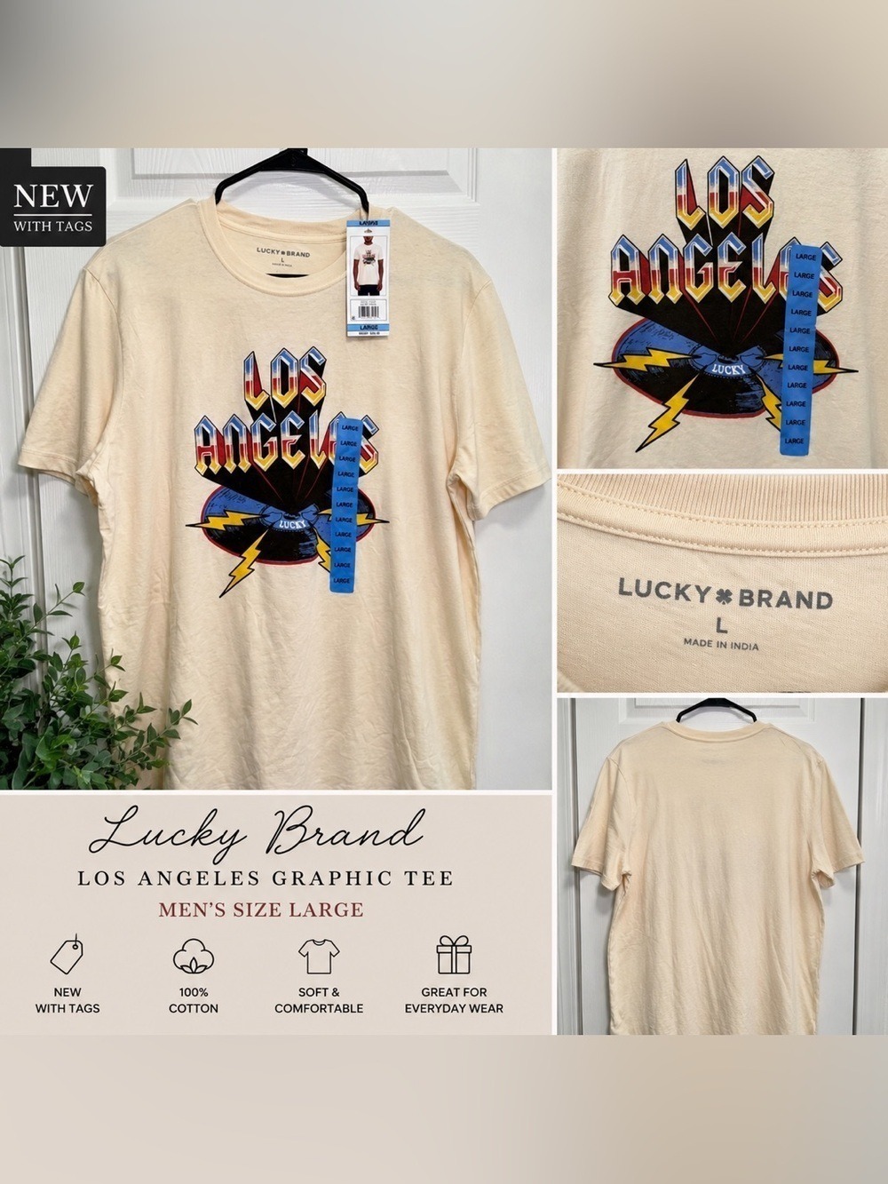 NWT Lucky Brand Los Angeles Graphic Tee Men’s Large Cream Retro T-Shirt